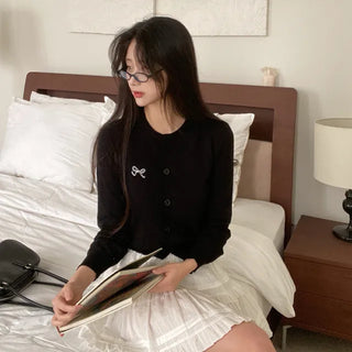 Black Round Ribbon Stitch Knit Cardigan