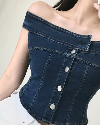 Denim off-shoulder button tube top