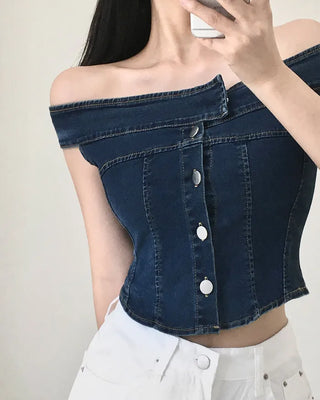 Denim off-shoulder button tube top