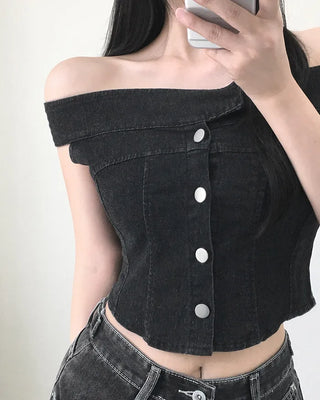 Denim off-shoulder button tube top