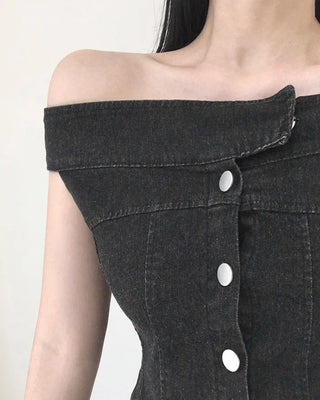 Denim off-shoulder button tube top