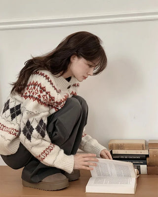Soft wool argyle Nordic pattern knit cardigan