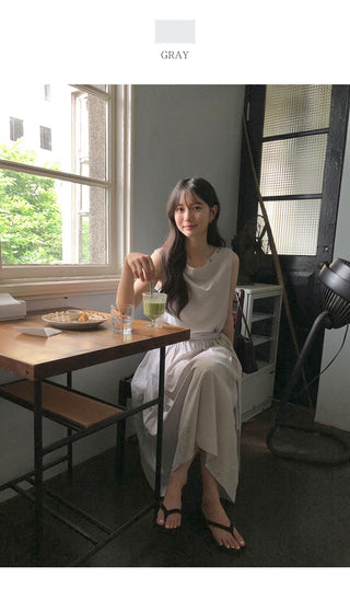 [2 colors] Boat neck long dress