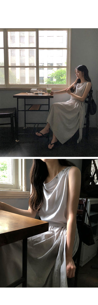 [2 colors] Boat neck long dress
