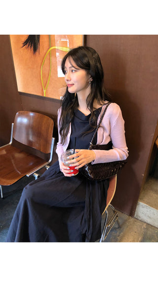 [2 colors] Boat neck long dress