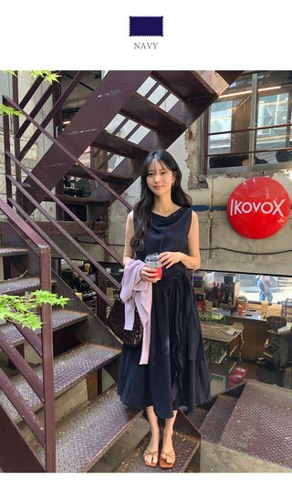 [2 colors] Boat neck long dress