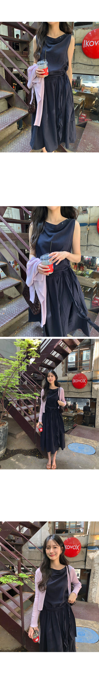 [2 colors] Boat neck long dress