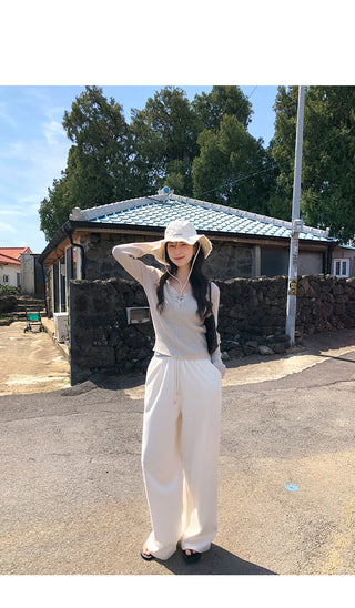 Ribbed wide-leg elastic waist pants