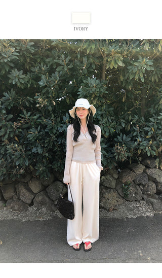 Ribbed wide-leg elastic waist pants