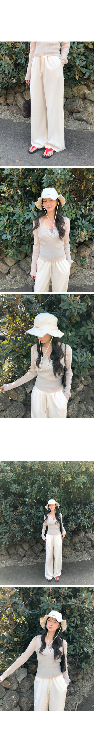 Ribbed wide-leg elastic waist pants