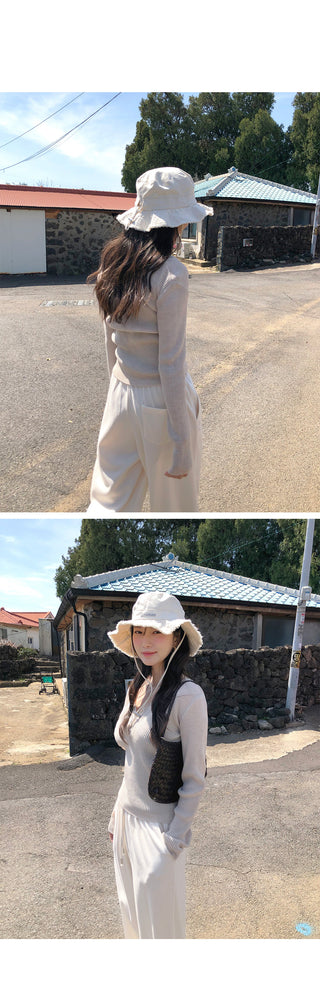 Ribbed wide-leg elastic waist pants