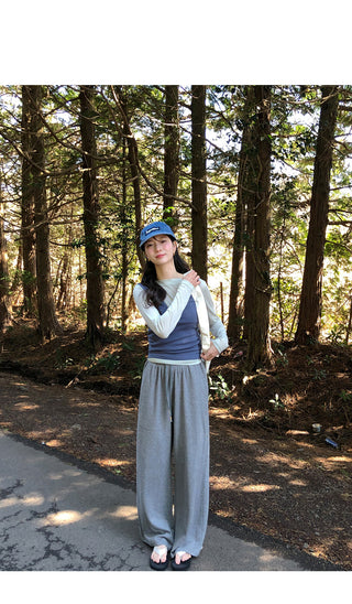 Ribbed wide-leg elastic waist pants