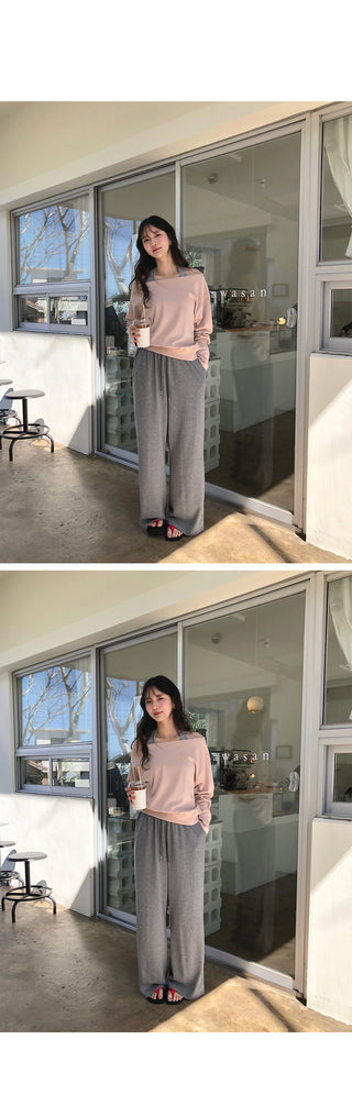 Ribbed wide-leg elastic waist pants