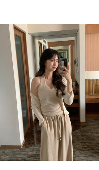 Ribbed wide-leg elastic waist pants