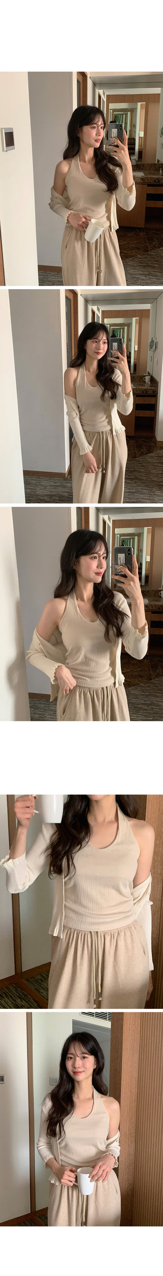 Ribbed wide-leg elastic waist pants
