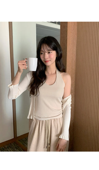 Ribbed wide-leg elastic waist pants
