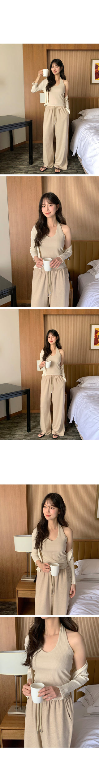 Ribbed wide-leg elastic waist pants