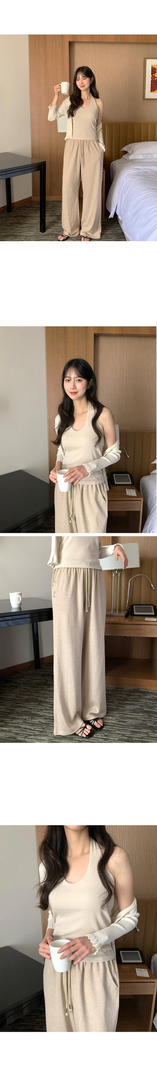 Ribbed wide-leg elastic waist pants