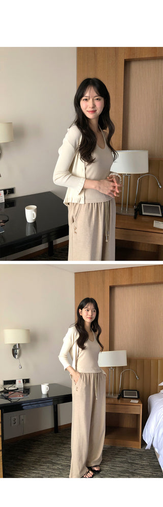 Ribbed wide-leg elastic waist pants