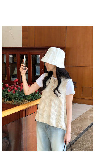 Openwork Henley Neck Sleeveless Knit