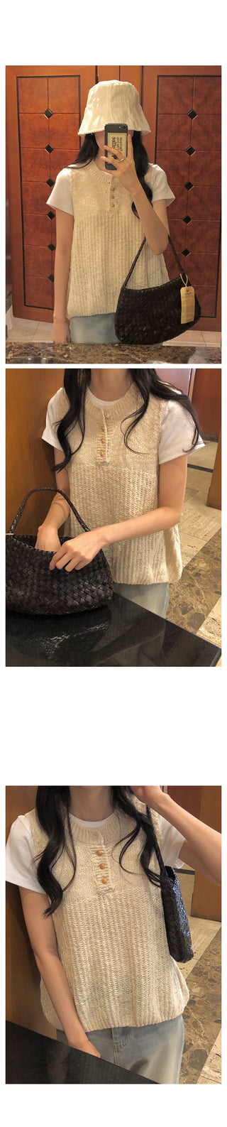 Openwork Henley Neck Sleeveless Knit