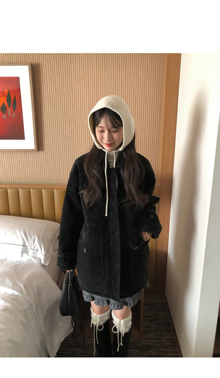 (3 colors) Faux Leather Reversible Boa Military Jacket