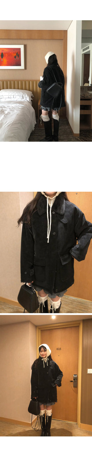 (3 colors) Faux Leather Reversible Boa Military Jacket
