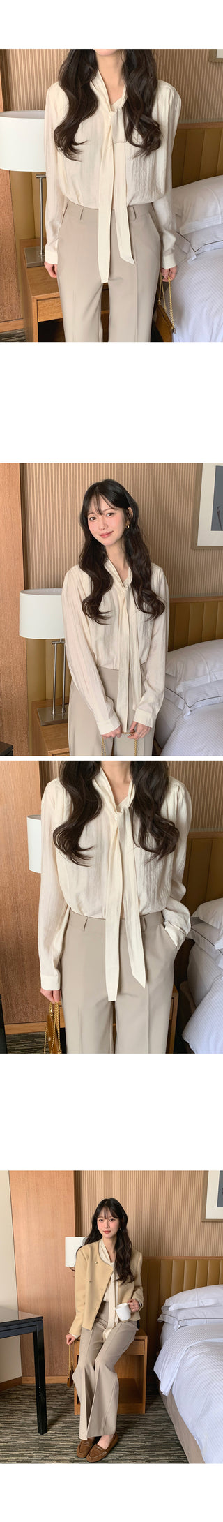 (2 colors) Bow tie shirred blouse