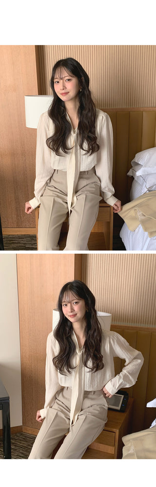 (2 colors) Bow tie shirred blouse