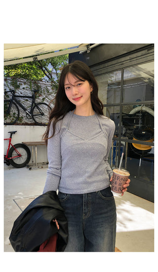 (2 colors) Long-sleeved T-shirt and bustier set