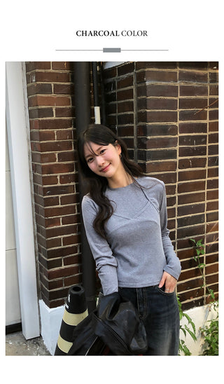 (2 colors) Long-sleeved T-shirt and bustier set