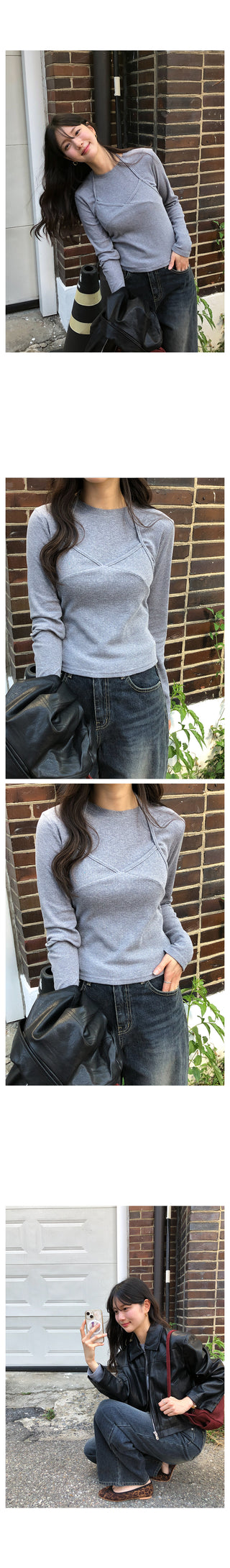 (2 colors) Long-sleeved T-shirt and bustier set
