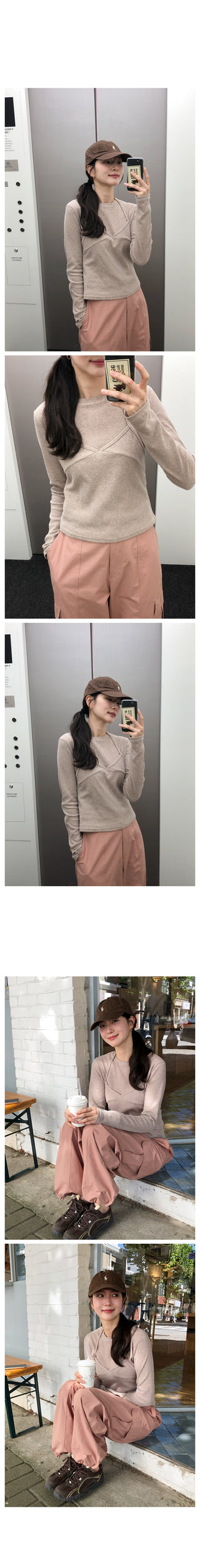 (2 colors) Long-sleeved T-shirt and bustier set