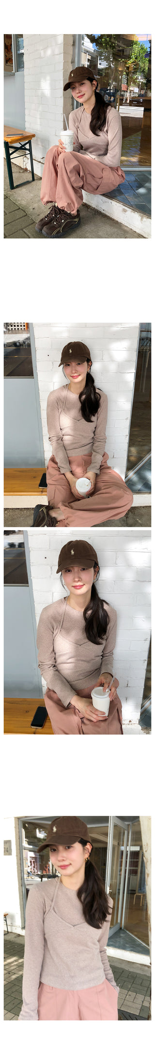 (2 colors) Long-sleeved T-shirt and bustier set