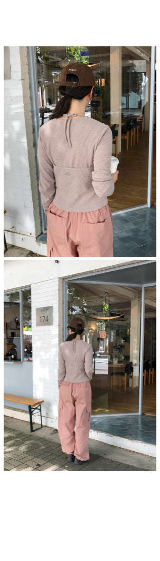 (2 colors) Long-sleeved T-shirt and bustier set