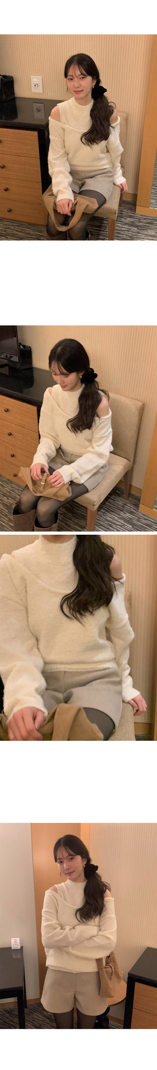 (Set) (4 colors) Off-shoulder layered knit set