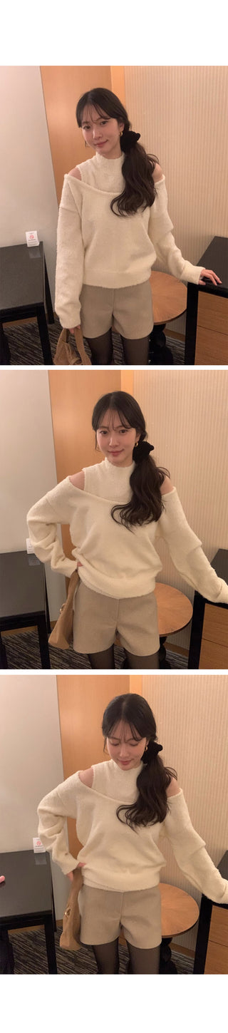 (Set) (4 colors) Off-shoulder layered knit set