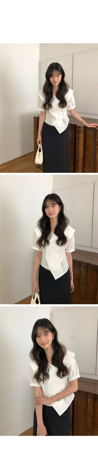 [2 colors] Ribbon Collar Wrap Blouse