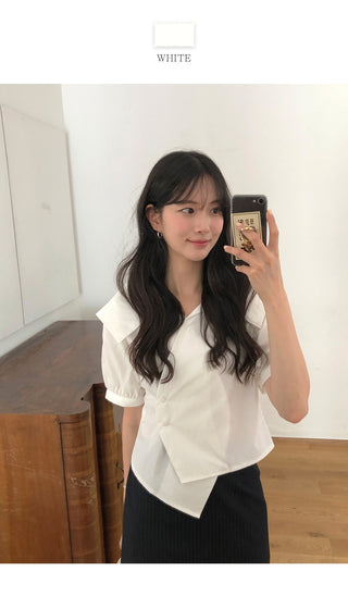 [2 colors] Ribbon Collar Wrap Blouse