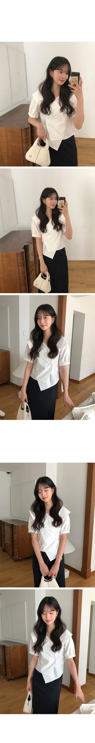 [2 colors] Ribbon Collar Wrap Blouse