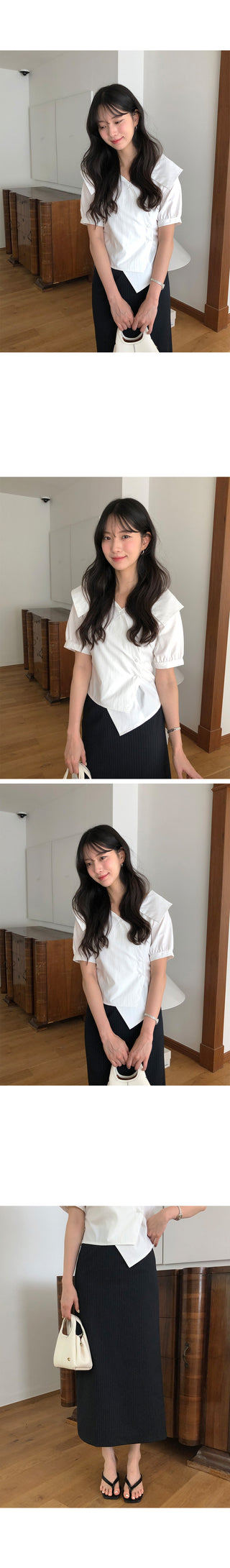 [2 colors] Ribbon Collar Wrap Blouse