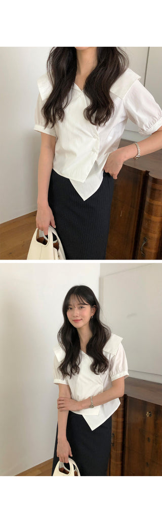 [2 colors] Ribbon Collar Wrap Blouse