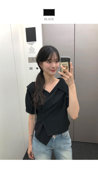 [2 colors] Ribbon Collar Wrap Blouse