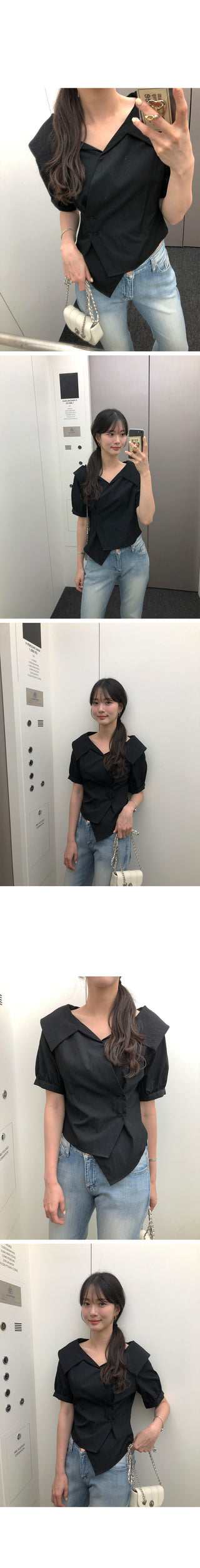 [2 colors] Ribbon Collar Wrap Blouse
