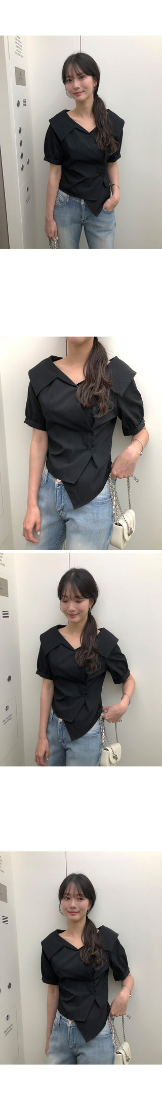 [2 colors] Ribbon Collar Wrap Blouse