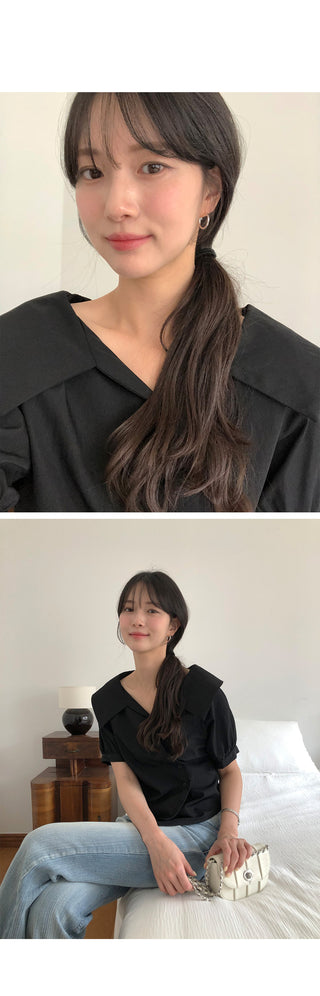 [2 colors] Ribbon Collar Wrap Blouse
