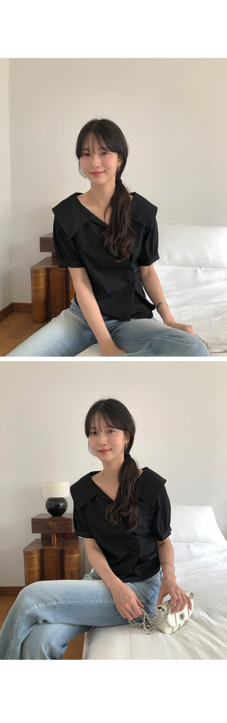 [2 colors] Ribbon Collar Wrap Blouse
