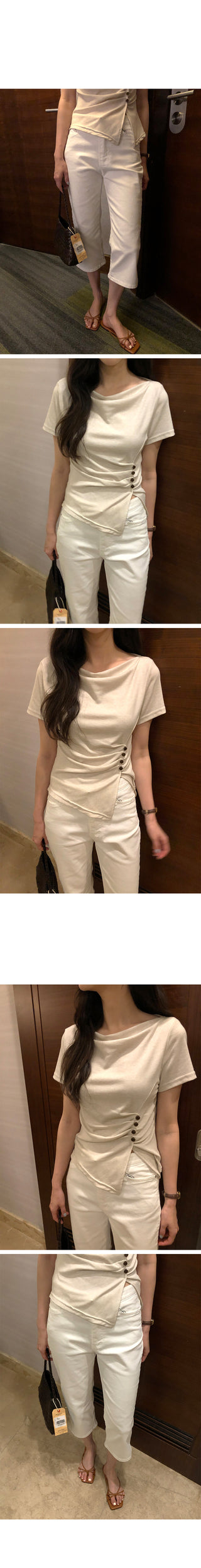 [[4]color] Off-shoulder shirred button T-shirt