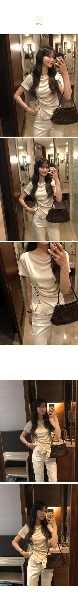 [[4]color] Off-shoulder shirred button T-shirt