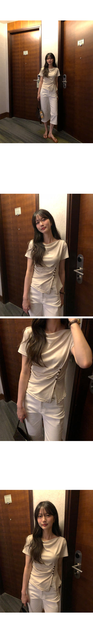 [[4]color] Off-shoulder shirred button T-shirt